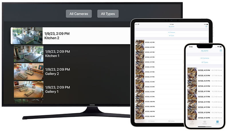 SecuritySpy iOS app screenshots - iPad and Apple TV views