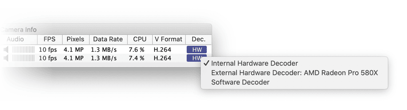 Camera Info window showing hardware video decode status column with GPU selection