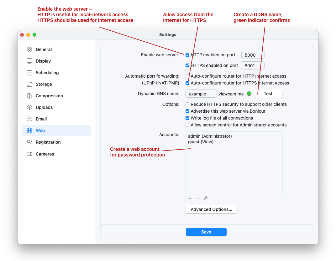 SecuritySpy web server settings showing DDNS and internet access options