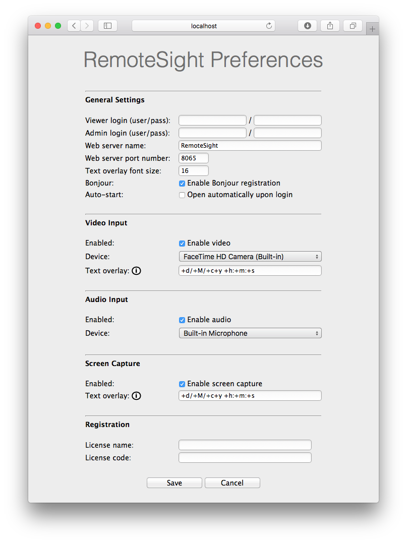 RemoteSight settings page