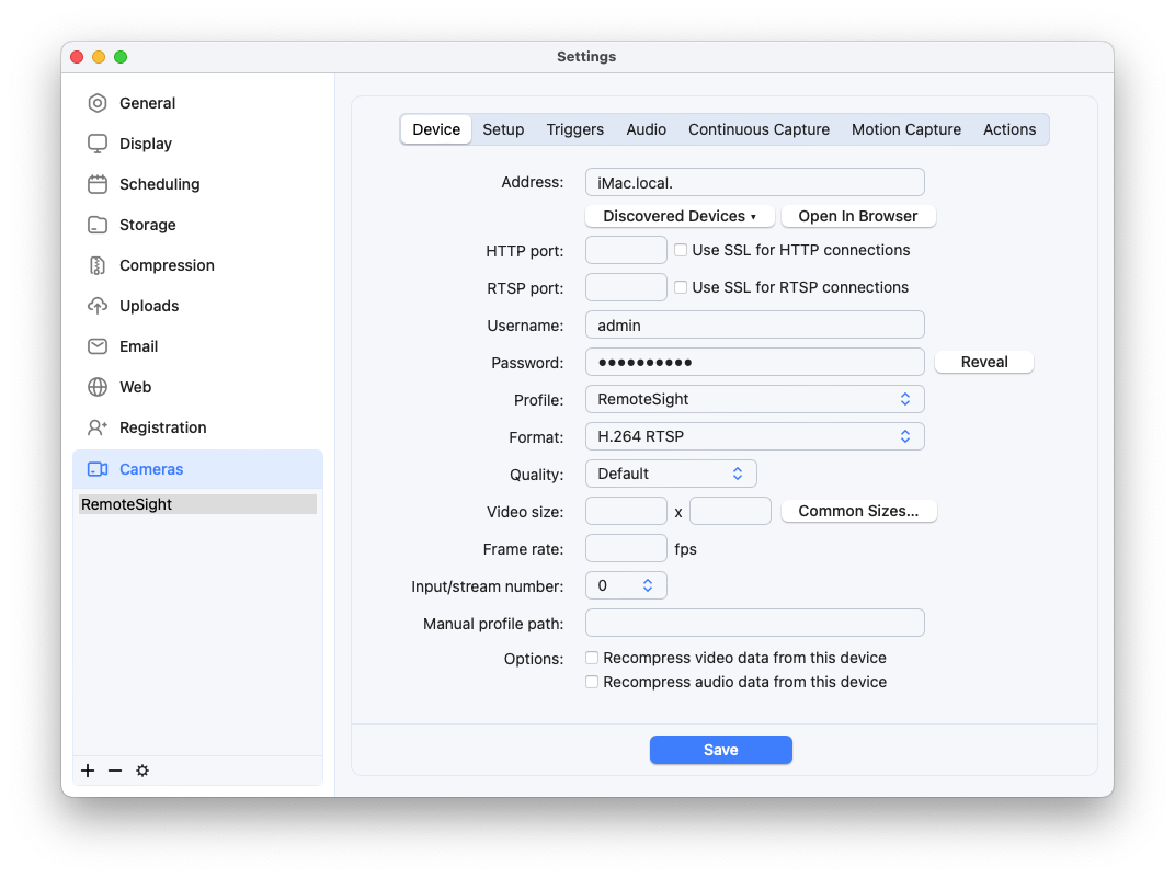 SecuritySpy camera device settings configured for RemoteSight