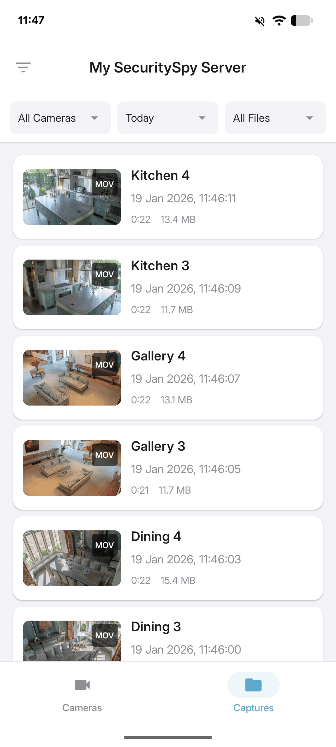 List of recorded files; tap one to play it, or tap-hold to share it