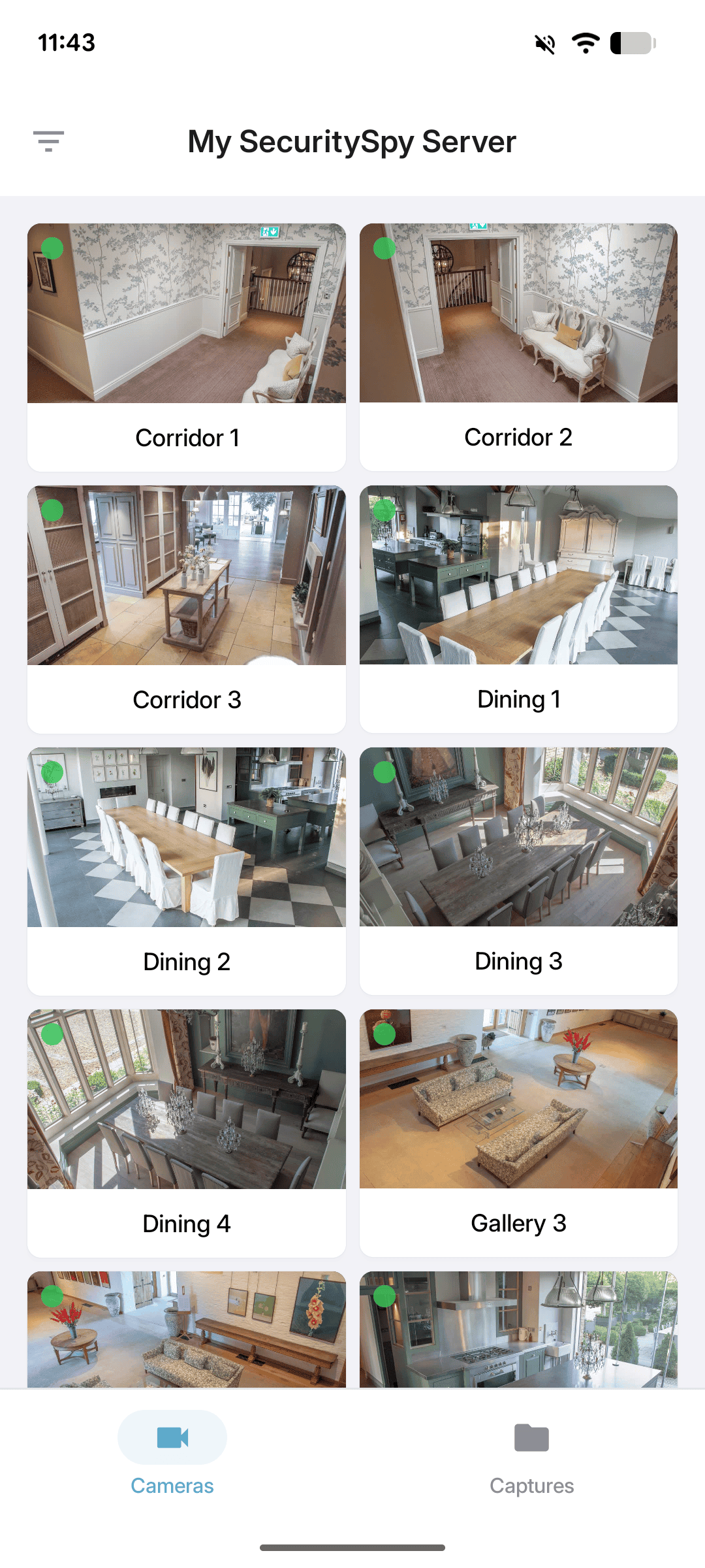 The live grid view, showing small images from all cameras that update every second