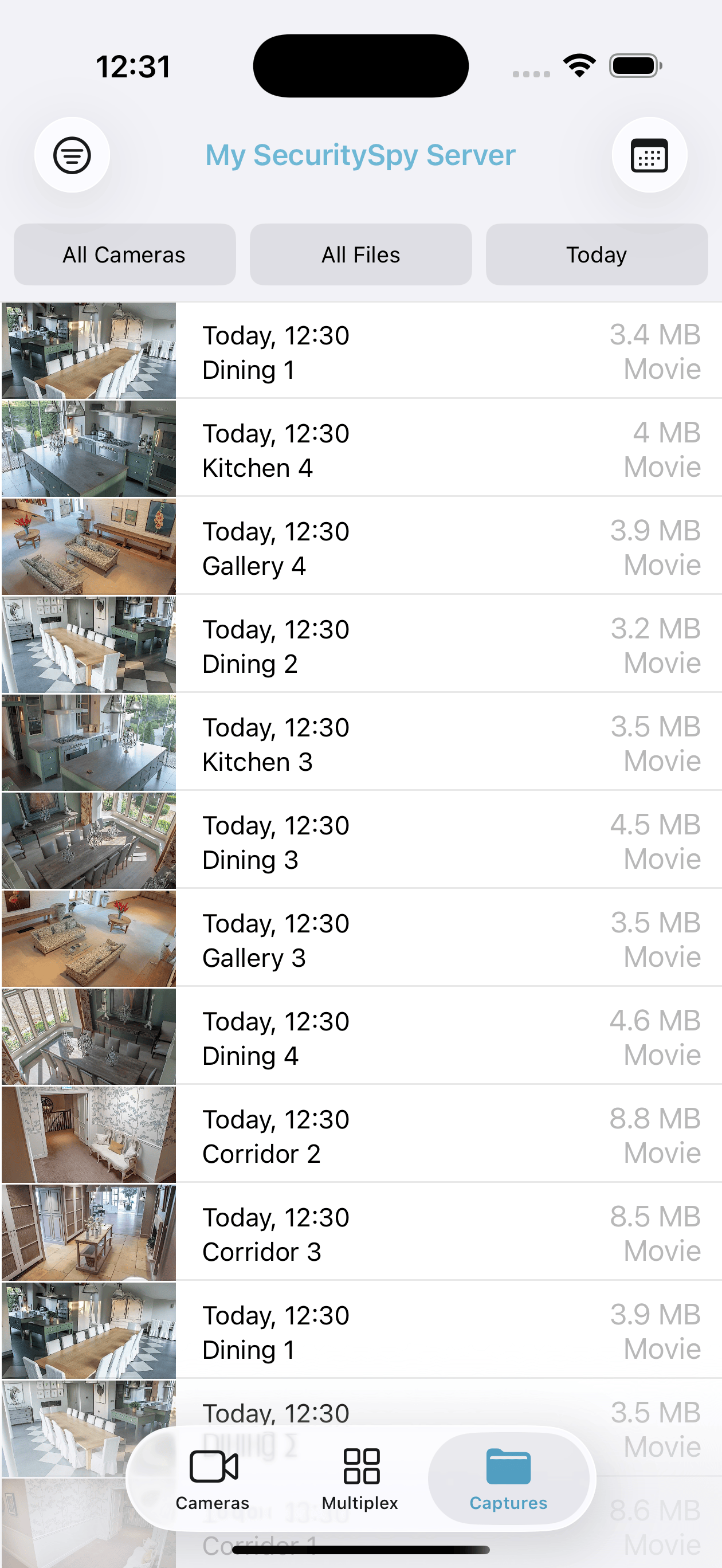List of recorded files; tap one to play it, or tap-hold to share it