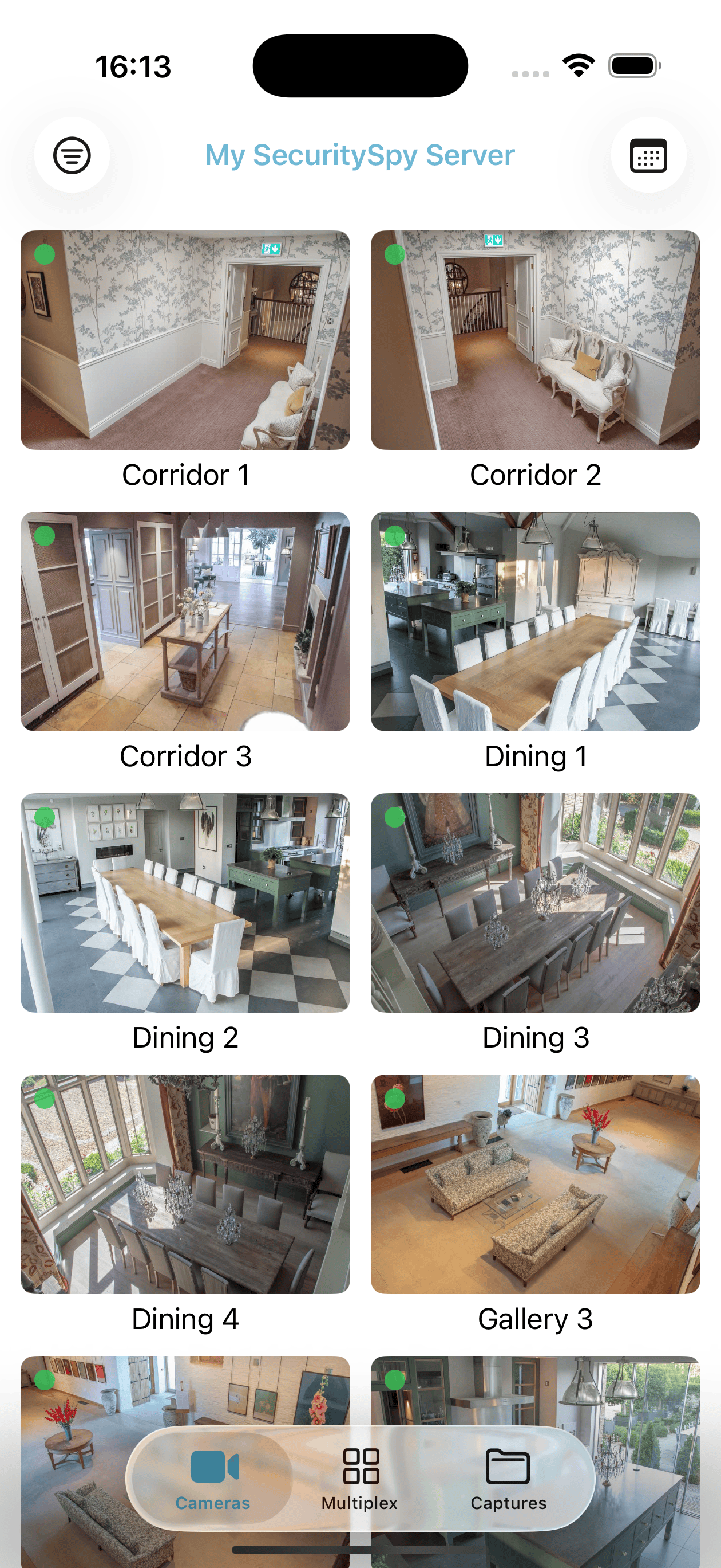 The live grid view, showing small images from all cameras that update every second