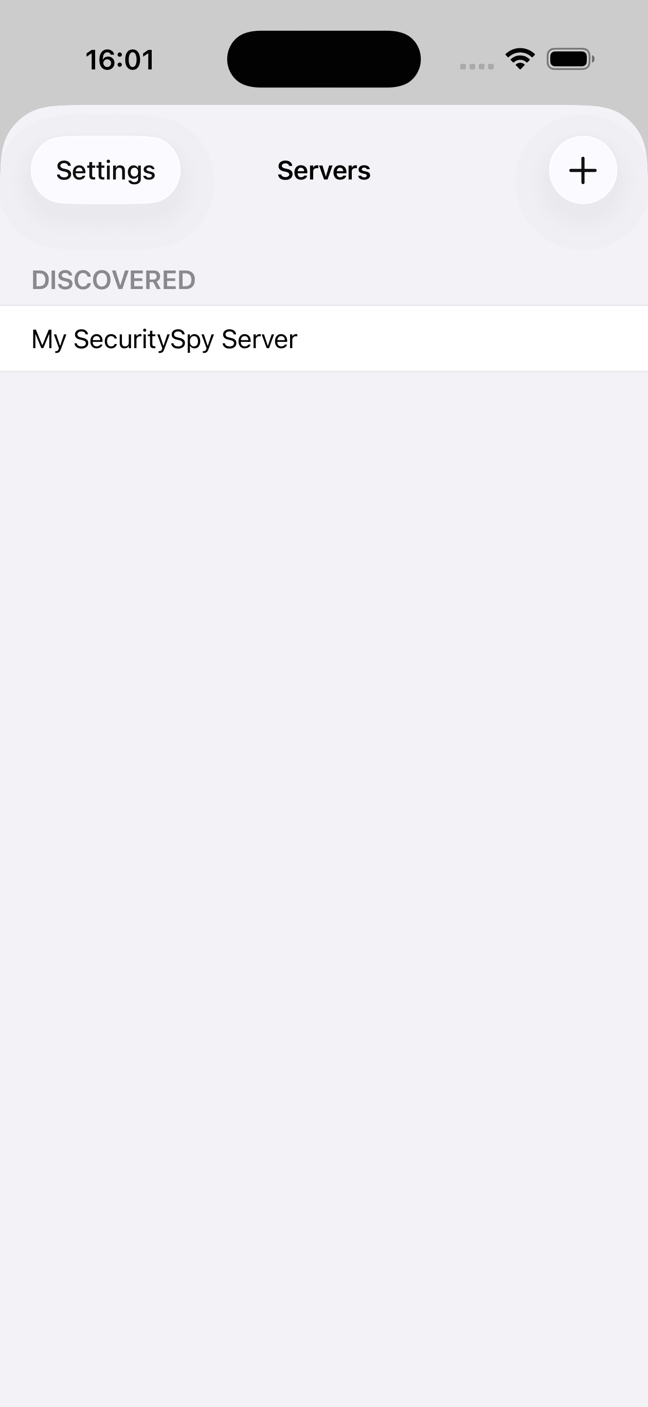 The Servers screen, from where you add, remove or connect to servers; also includes a Settings button for easy access to app settings