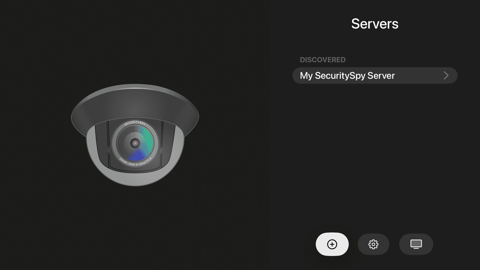 The Servers screen, from where you add, remove or connect to servers; also includes buttons for accessing settings and configuring overscan