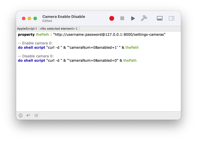 AppleScript for enabling and disabling a camera