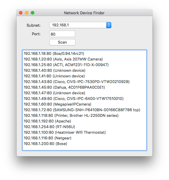 Network Device Finder window showing a list of discovered devices on the local network