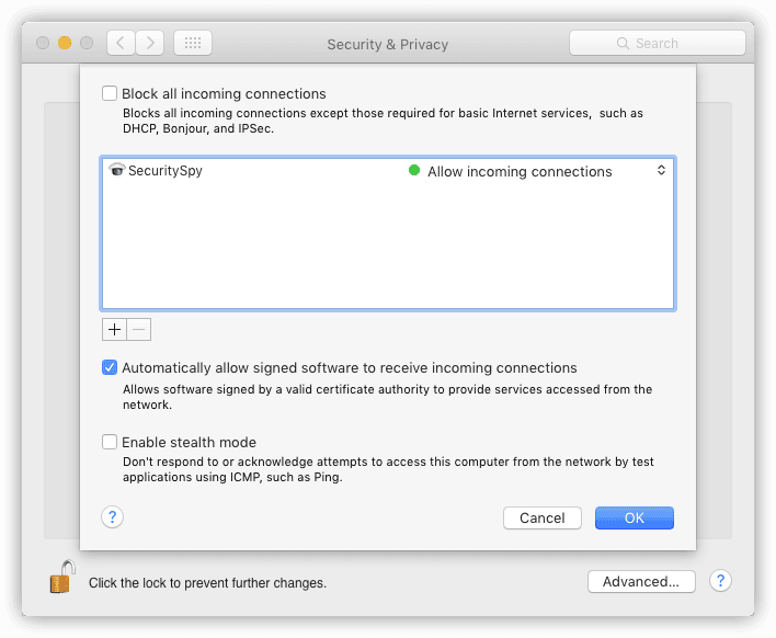 macOS Security & Privacy firewall settings with SecuritySpy set to allow incoming connections