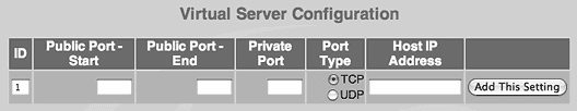 Router virtual server configuration form for port forwarding