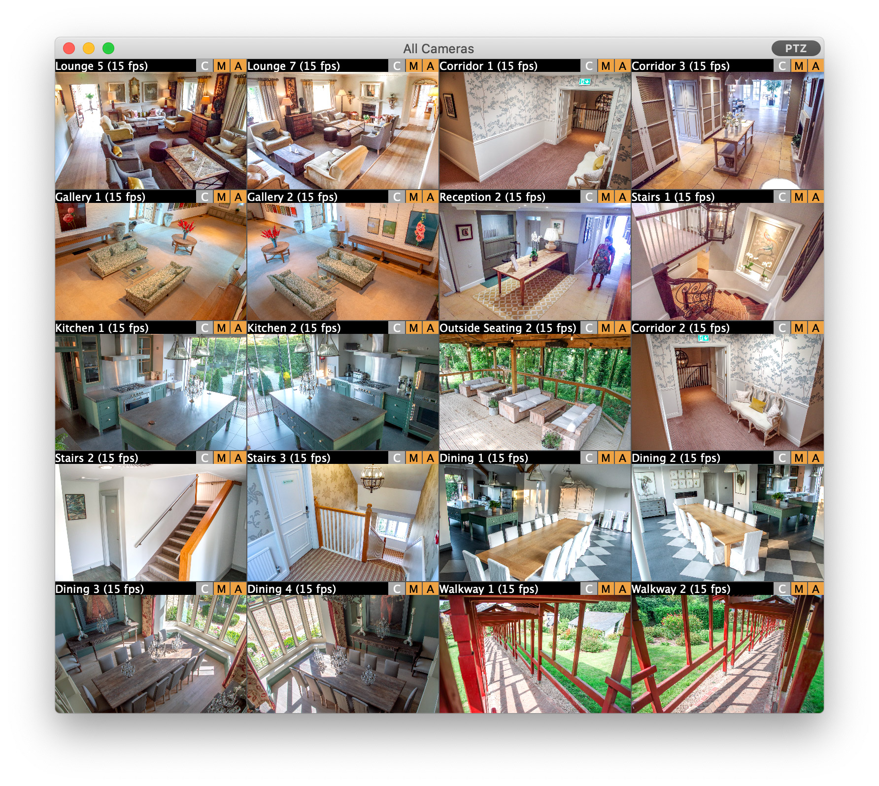 SecuritySpy main window showing a multi-camera live video grid