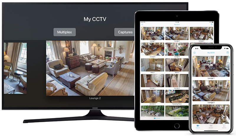 SecuritySpy mobile app screenshots on iPhone, iPad and Apple TV