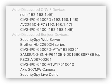 Discovered Devices menu listing auto-discovered ONVIF and Bonjour network devices
