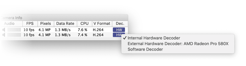Camera Info window showing the video decoder selection menu with internal, external and software decoder options