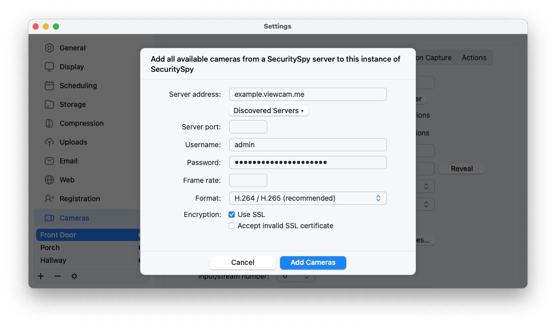 SecuritySpy Add All Cameras From SecuritySpy Server