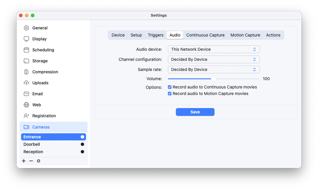 SecuritySpy Settings - Cameras - Audio