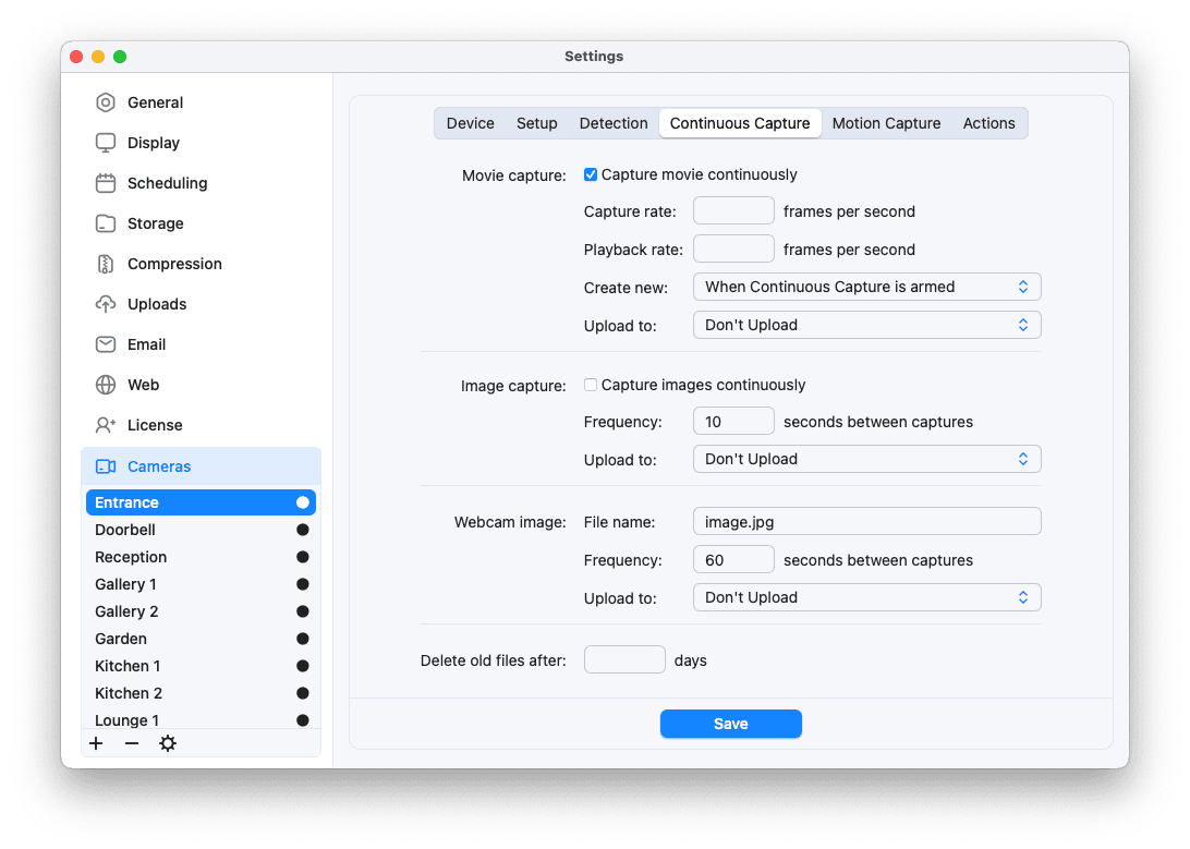 Continuous capture settings screenshot