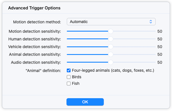 SecuritySpy Settings - Cameras - Detection - Advanced