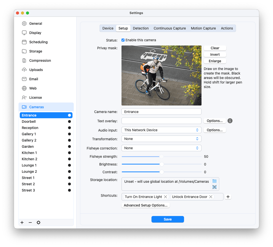 SecuritySpy Settings - Cameras - Setup