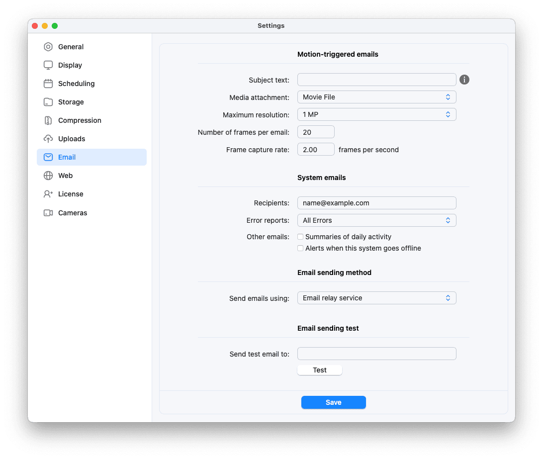 SecuritySpy Settings - Email