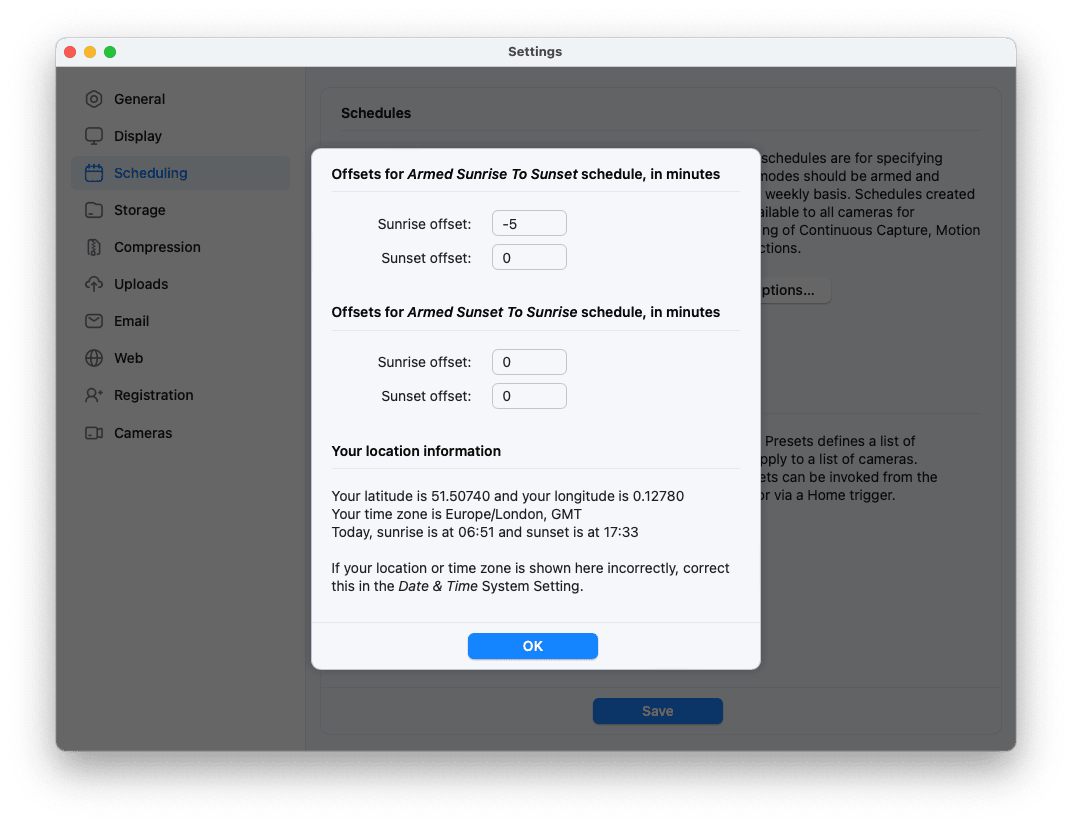 SecuritySpy Settings - Scheduling - Advanced