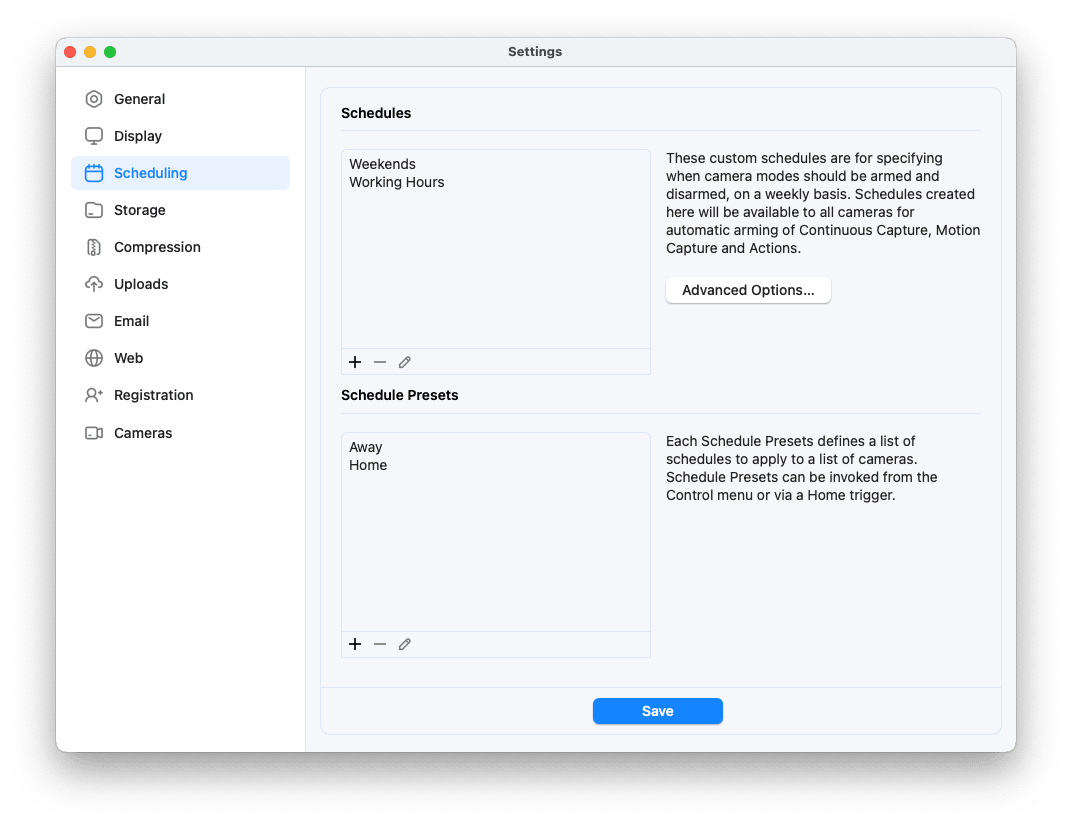 SecuritySpy Settings - Scheduling