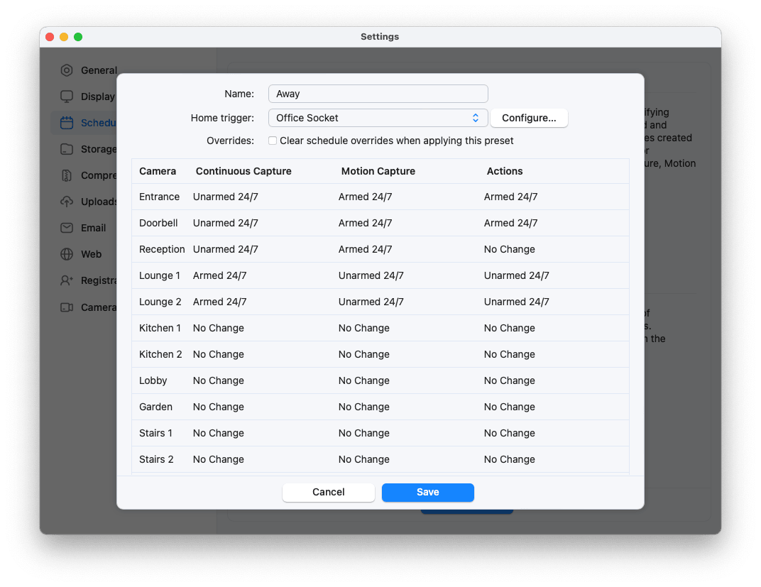 SecuritySpy Settings - Scheduling - Schedule Presets