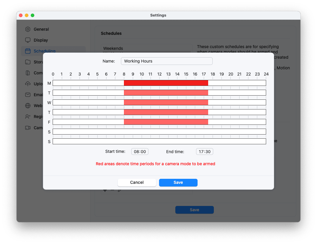 SecuritySpy Settings - Scheduling - Schedule