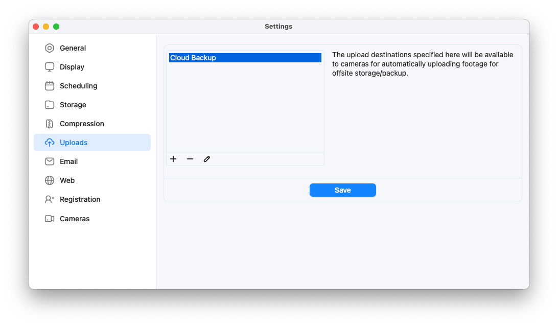 SecuritySpy Settings - Uploads