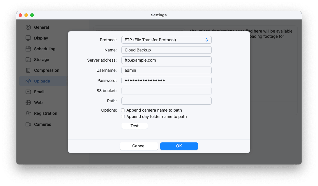 SecuritySpy Settings - Uploads - Server