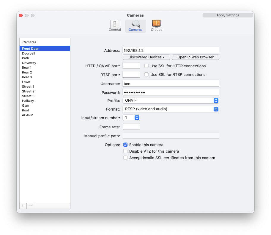 ViewCam Settings - Cameras